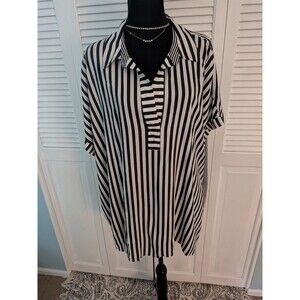 Jane Delancey Top Womens 3X Black White Stripe ButtonUp Back Blouse Casual Vneck